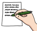 Leichte Sprache Bild: EineHand mit Stift schreibt etwas auf ein Blatt
