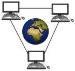 Leichte Sprache Bild: In der Mitte ist eine Weltkugel, drum herum drei verbundene Computer
