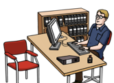 Leichte Sprache Bild: Ein Mann im Amt an einem Tisch mit Computer