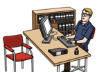 Leichte Sprache Bild: ein Mann im Amt an einem Schreibtisch mit Computer