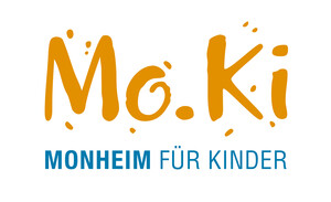 Logo von Mo.Ki: auf weißem Hintergrund, das Wort "Mo.Ki" in orange, darunter in blau "Monheim für Kinder"