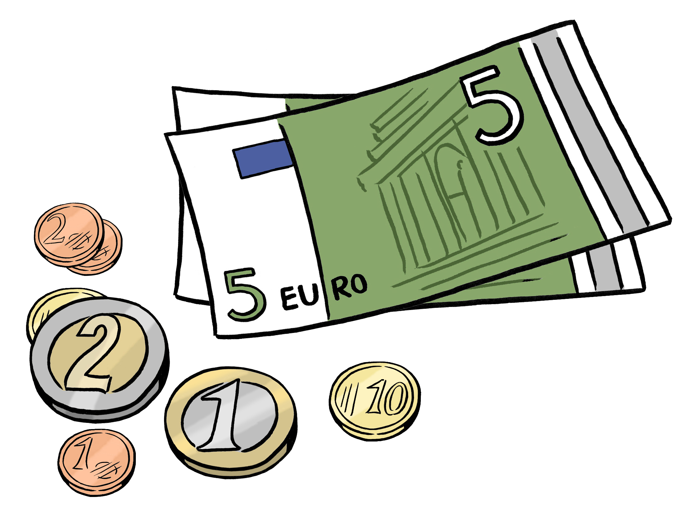Leichte Sprache Bild: Zwei fünf-Euro Geldscheine und ein paar Geldmünzen