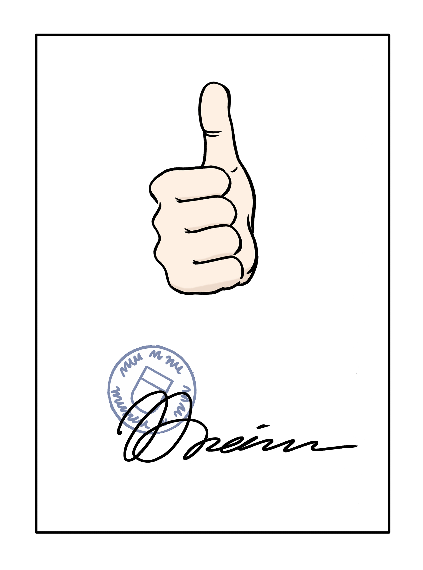 Leichte Sprache Bild: Ein Zettel mit Unterschrift, darauf eine Hand mit Daumen-hoch-Zeichen