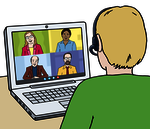 Eine Person sitzt mit Kopfhörer vor einem Laptop, auf dem Bildschirm läuft eine Videokonferenz