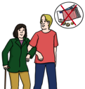 Leichte Sprache Bild: Ein Mann stützt eine Frau mit Gehstock. Neben dem mann ist ein Kreis, darin Geld, das durch ein rotes Kreuz durchgestrichen wird