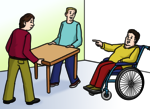 Leichte Sprache Bild: Eine Person im Rollstuhl weist zwei weitere Menschen an, wo sie einen Tisch hinstellen sollen
