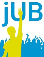 Das Logo der Jugendberatung: Die Silhouette eines Jugendlichen in hellgrün vor der Silhouette weiterer Jugendlicher in hellblau, darüber die Buchstaben jUB