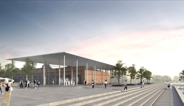Der Eingangsbereich der künftigen Monheimer Multifunktionshalle wird den Plänen zufolge vonseiten der Rheinpromenade und von der Wasserachse aus zugänglich sein. Grafik: Bez + Kock Architekten