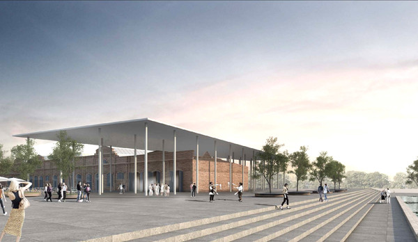 Diese Grafik zeigt, wie der Eingangsbereich der Kulturraffinerie K714 aussehen könnte. Die Monheimerinnen und Monheimer wünschen sich für die neue Stadthalle unter anderem, dass sie zu „ihrem“ Veranstaltungsort wird und sich zu einem Treffpunkt in der Stadt entwickelt. Grafik: Bez + Kock Architekten