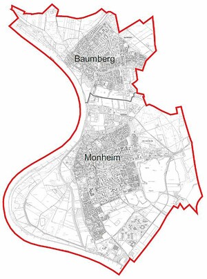 Eine Karte der Stadt Monheim mit dem Stadtteil Baumberg