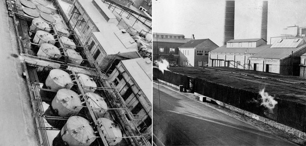 Luftbild der großen Tanks im Rhenania-Werk, rechts ein Luftbild, auf dem die Tanks mit dunklen Matten verhängt sind