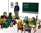 Leichte Sprache Bild: mehrere Kinder in der Schule, davor ein Lehrer an einer Tafel