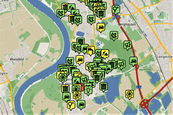 Rot, Gelb, Grün: Die Markierungen auf der Stadtkarte zeigen den immer den aktuellen Bearbeitungsstatus der gemeldeten Mängel an. Die Bearbeitungsschritte sind auf der Plattform öffentlich sichtbar und alle Melderinnen und Melder erhalten auf ihre Hinweise zudem auch direkt Benachrichtigungen zu ihren Meldungen. Foto/Screenshot: Stadt Monheim am Rhein