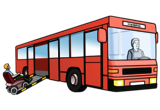 Leichte Sprache Bild: Ein Bus mit einer Rampe, über die Rampe fährt eine Rollstuhlfahrerin in den Bus