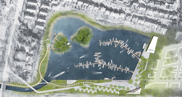 Ein Sporthafen im Greisbachsee wäre in zwei Varianten umsetzbar – hier im südöstlichen Teil des Gewässers. Grafik: Strauchwerk Landschaftsarchitekten