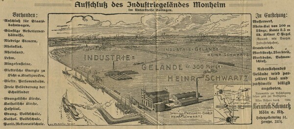 Eine alte Zeitungsannounce der Sprit- und Presshefefabrik in Blee, die Anzeige zeigt eine Skizze der Fabrik und den Rhein