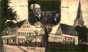 Eine Ansichtskarte aus 1916 zeigt eine Zeichnung der Gaststätte "Im alten Zollhaus", oben in der Mitte eine Zeichnung von Robert Speck mit einer Laute