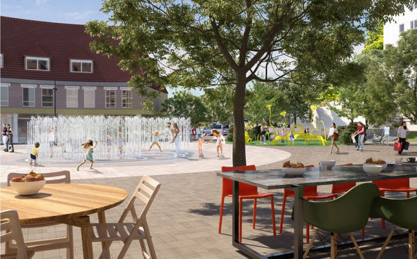 Der Eierplatz wird durch Jeppe Heins Wasserspiele und einen Spielplatz mit Verweilqualität für Jung und Alt spielerisch ganz neu aufgewertet. Visualisierung: Stadt Monheim am Rhein