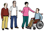 Leichte Sprache Bild: Drei Menschen blicken einladend zu einem Mann im Rollstuhl