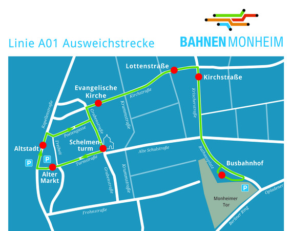 Zunächst fahren die Busse diese Ausweichstrecke. Nach Ende der Bauarbeiten in der Alten Schulstraße - Voraussichtlich Ende 2022 - fahren die Busse über die Alte Schulstraße durch den Schelmenturm bis zur Kapellenstraße.