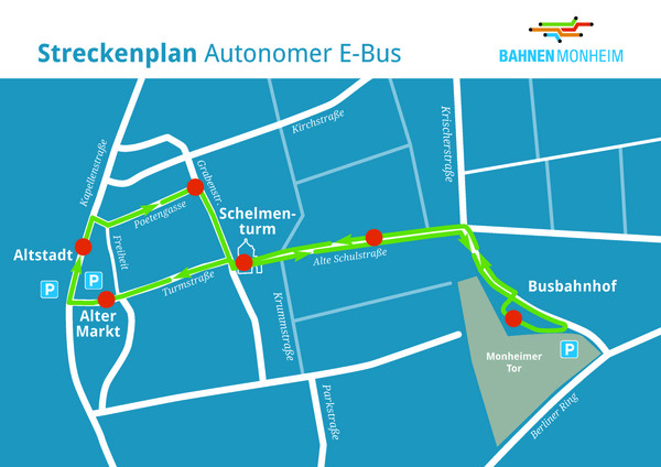 Nach den Bauarbeiten auf der Alten Schulstraße biegt der Autonome Bus vom Rathausplatz Richtung Schelmenturm ab.