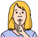 Leichte Sprache Bild: Eine Frau macht die Schweigegeste mit dem Zeigefinger vor dem Mund