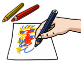 Leichte Sprache Bild: Eine Hand mit einem Buntstift malt auf ein Blatt Papier