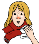Leichte Sprache Bild: Eine Frau mit Schal, sie schwitzt und hat eine rote Nase