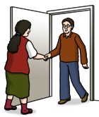 Leichte Sprache Bild: Ein Mann kommt zu Besuch und schüttelt der Gastgeberin die Hand