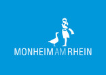 Das Stadtlogo der Stadt Monheim am Rhein in weiß auf blau
