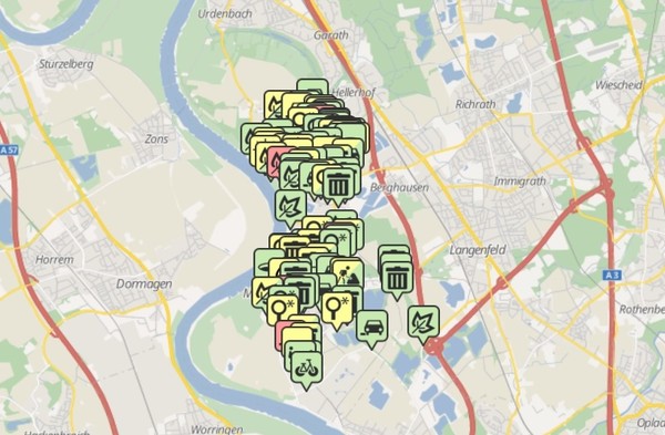 Rote, gelbe und grüne Markierungen zeigen auf einer Stadtkarte den Bearbeitungsstatus eines Mangels an.