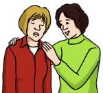 Leichte Sprache Bild: Eine Fraz tröstet eine andere Frau