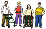 Leichte Sprache Bild: Vier Menschen mit verschiedenen Behinderungen
