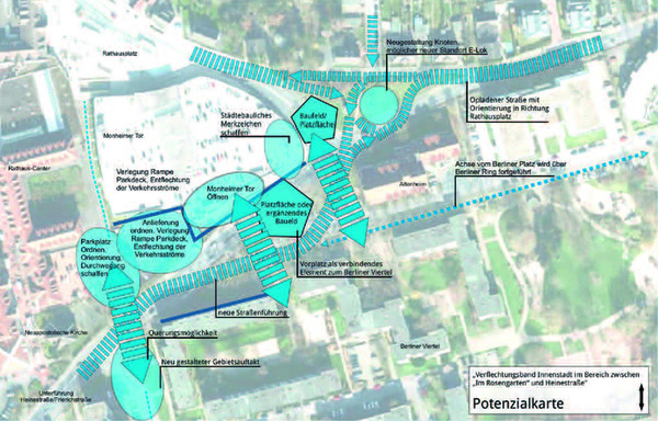 Um dieses Areal geht es. Das künftige Verflechtungsband Innenstadt ist blau markiert. Gute Ideen sind gefragt. Grafik: Stadt Monheim am Rhein