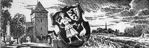 Eine schwarzweiß gezeichnete Collage mit Monheimer Motiven: von links Brunnen auf dem Alten Markt, Schelmenturm, Wappen von Monheim und ein Feld