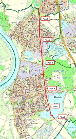 Eine Grafik des Monheimer Stadtgebiets, eine rote Linie durchzieht die Stadt von Norden nach Süden