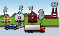 Leichte Sprache Bild: Autos, Häuser und Fabriken mit Abgaswolken