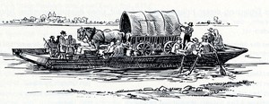 Zeichnung eines breiten Boots mit flachem Boden, darauf eine Pferdekutsche und mehrere Menschen