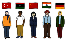 Leichte Sprache Bild: fünf Menschen verschiedener Nationen nebeneinander, über ihren Köpfen fünf verschiedene Flaggen