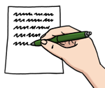 Leichte Sprache Bild: eine Hand mit Stift schreibt etwas auf ein Blatt Papier