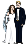 Leichte Sprache Bild: Hochzeitspaar, Frau im weißen Kleid, Mann im blauen Anzug