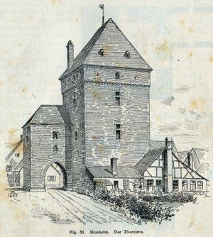 Eine Zeichnung des Schelmenturms mit der Beschriftung "Der Thorturm"