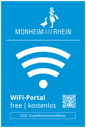The city logo of Monheim am Rhein on a blue background. Below that the symbol for Wifi, the word "free" and a QR code