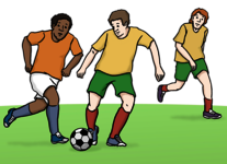 Leichte Sprache Bild: Mehrere Männer in Trikots spielen Fußball