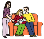 Leichte Sprache Bild: Ein Elternpaar mit einem Baby auf einer Couch, neben der Couch steht eine Frau und stützt den Arm der Frau mit dem Baby