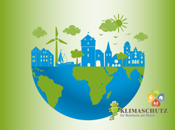 Eine halbe Weltkugel, darauf die Silhouette der wichtigsten Sehenswürdigkeiten von Monheim am Rhein. Rechts unten ist das Logo zu Klimaschutz Monheim am Rhein