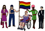 Leichte Sprache Bild: Eine Gruppe Menschen unter einer Regenbogenflaggen