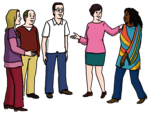 Leichte Sprache Bild: Eine Gruppe blickt einladend zu eienr Frau mit dunkler Hautfarbe