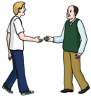 Leichte Sprache Bild: Zwei Männer treffen sich und reichen sich die Hand
