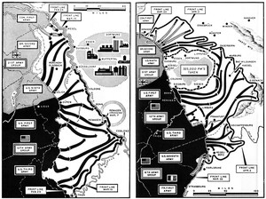 Zwei englischssprachige Grafiken zeigen den Vormarsch der Amerikaner auf das Gebiet rechts des Rheins inklusive Monheim